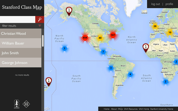 Stanford Alumni Class Map interface screenshot